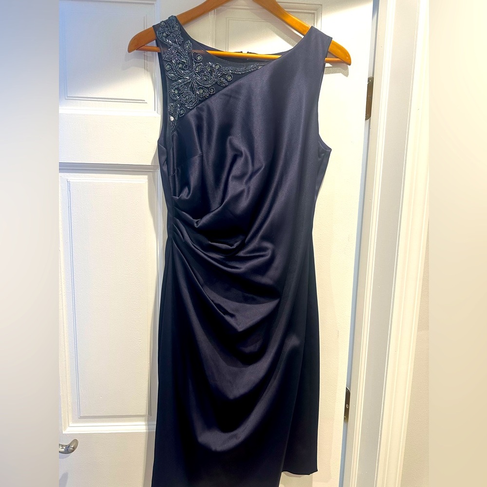 Eliza J Regal Collection navy ruched cocktail formal satin dress size 10